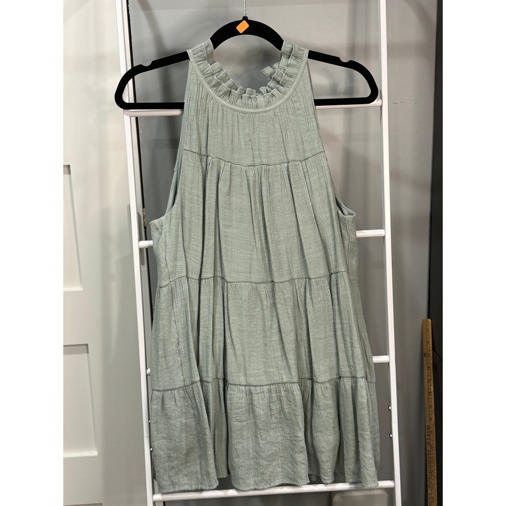 Indigo Soul Sage Green Ruffle High Neck Babydoll Tiered Sleeveless Tunic Top L